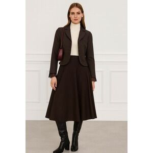 Rebecca Taylor Brown Wool Jacket Lace Trim Bow Accent‎ Peplum Romantic Boho sz 4